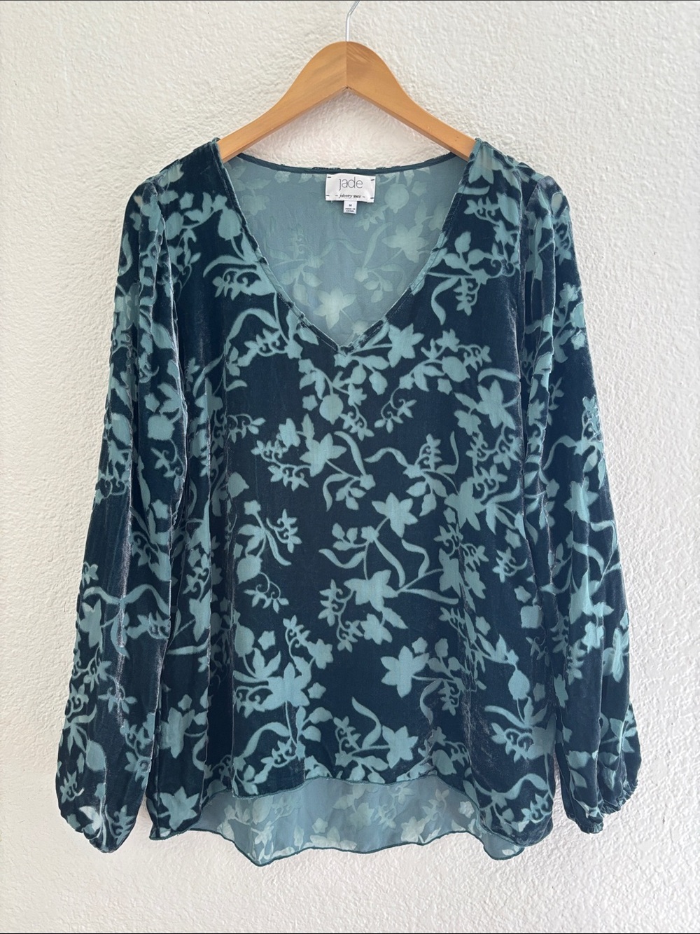 Jade Johnny Was Silk Blend Teal Green Burnout Velvet Long Sleeve Blouse Boho